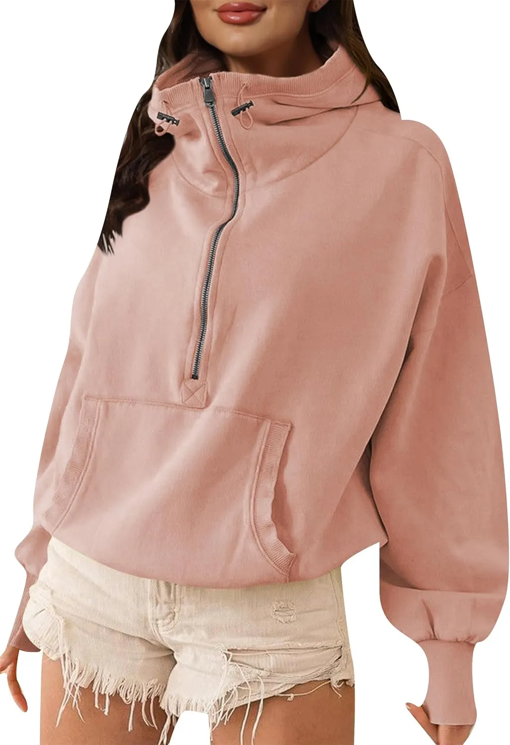 BOFETA Women's Oversized Hoodies Half Zipper Pullover Long Sleeve Drawstring Hoodies Outfits