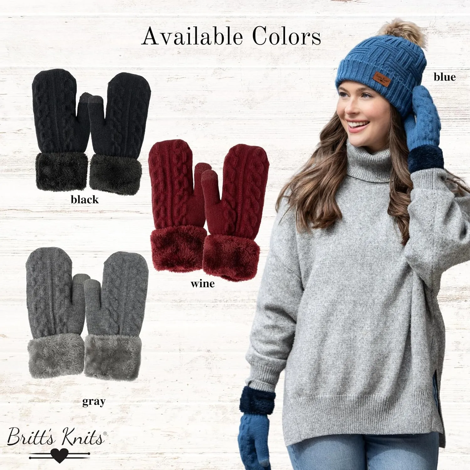 Britt's Knits Warm Knit Mittens with Plush Lining and Texting Fingertip for Women One Size