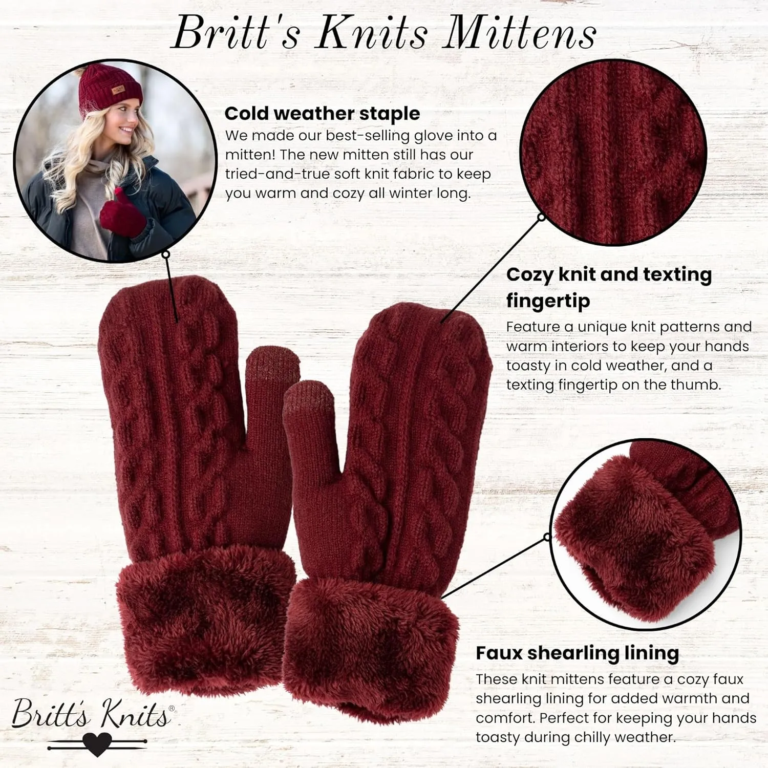 Britt's Knits Warm Knit Mittens with Plush Lining and Texting Fingertip for Women One Size