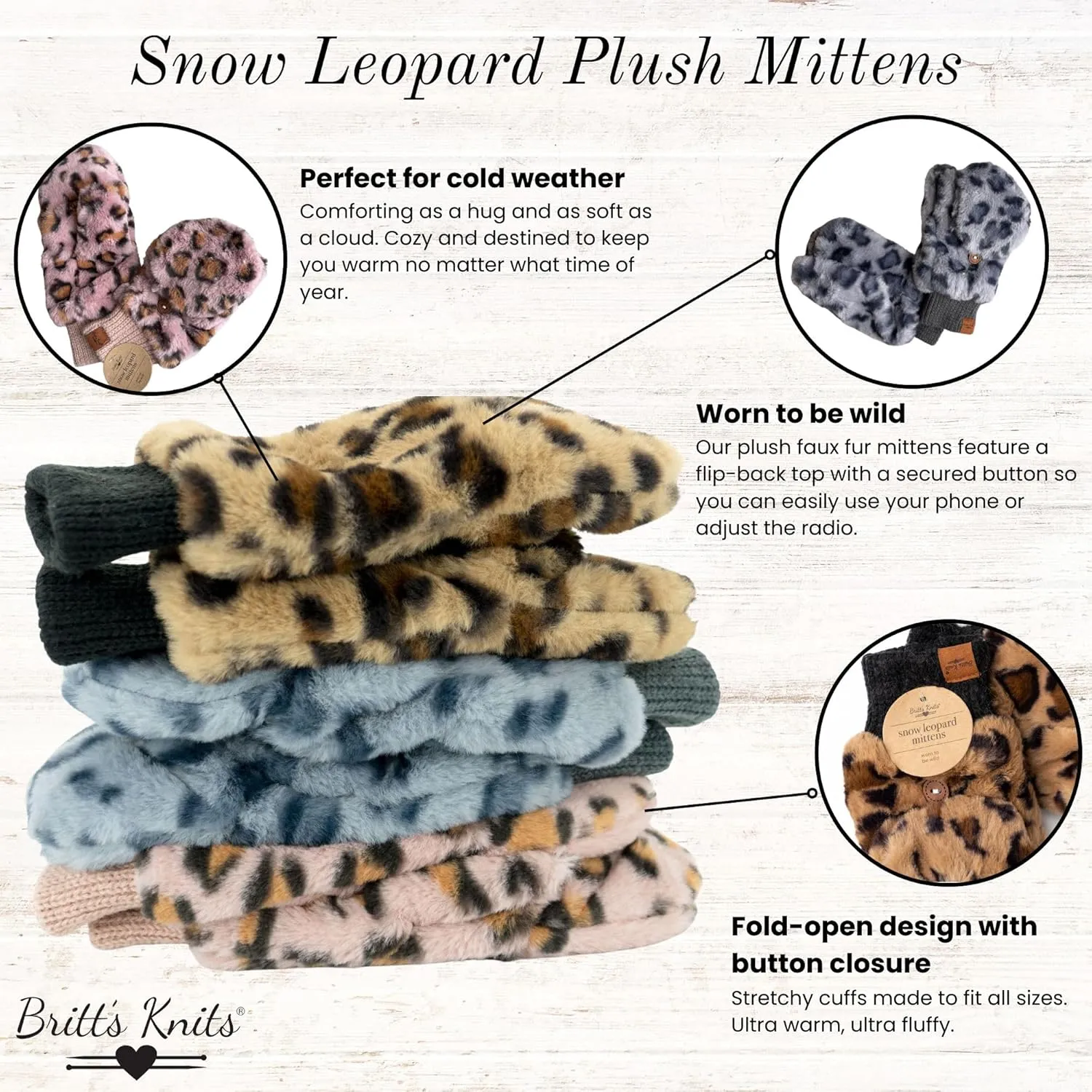 Britt's Knits Womens Winter Leopard Print Plush Vegan Fur Cuffed Lined Mittens Gloves