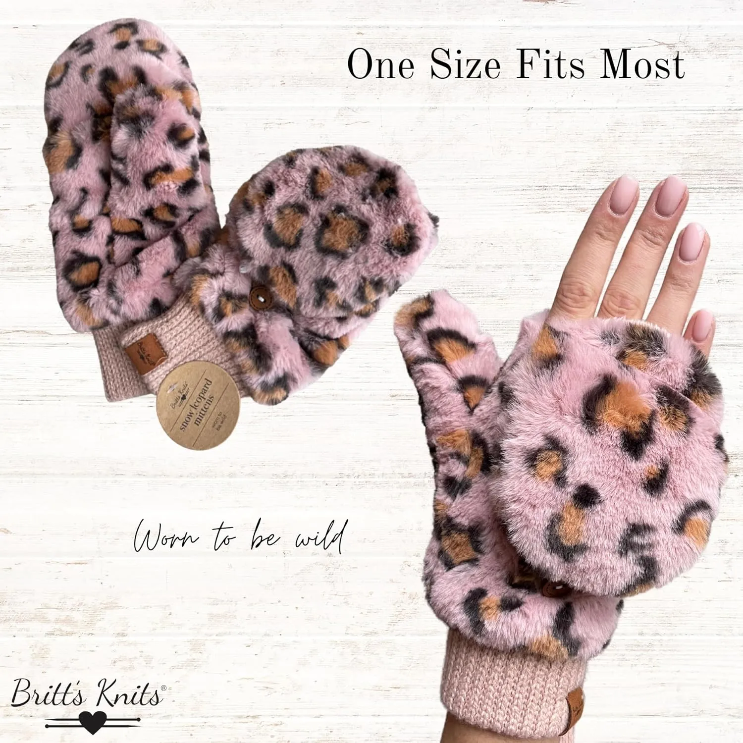 Britt's Knits Womens Winter Leopard Print Plush Vegan Fur Cuffed Lined Mittens Gloves