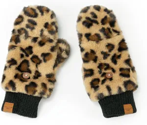 Britt's Knits Womens Winter Leopard Print Plush Vegan Fur Cuffed Lined Mittens Gloves