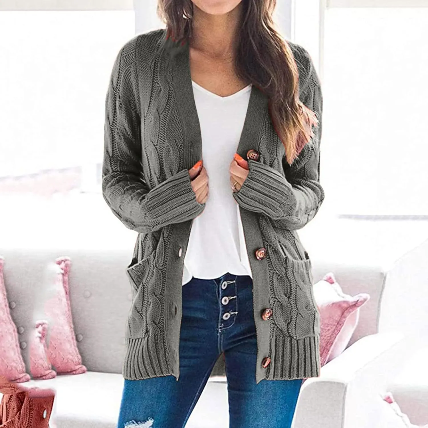 Cardigan Sweater for Women Open Front Button Sweaters with Pockets Long Sleeve Button Down Cardigans Sweaters