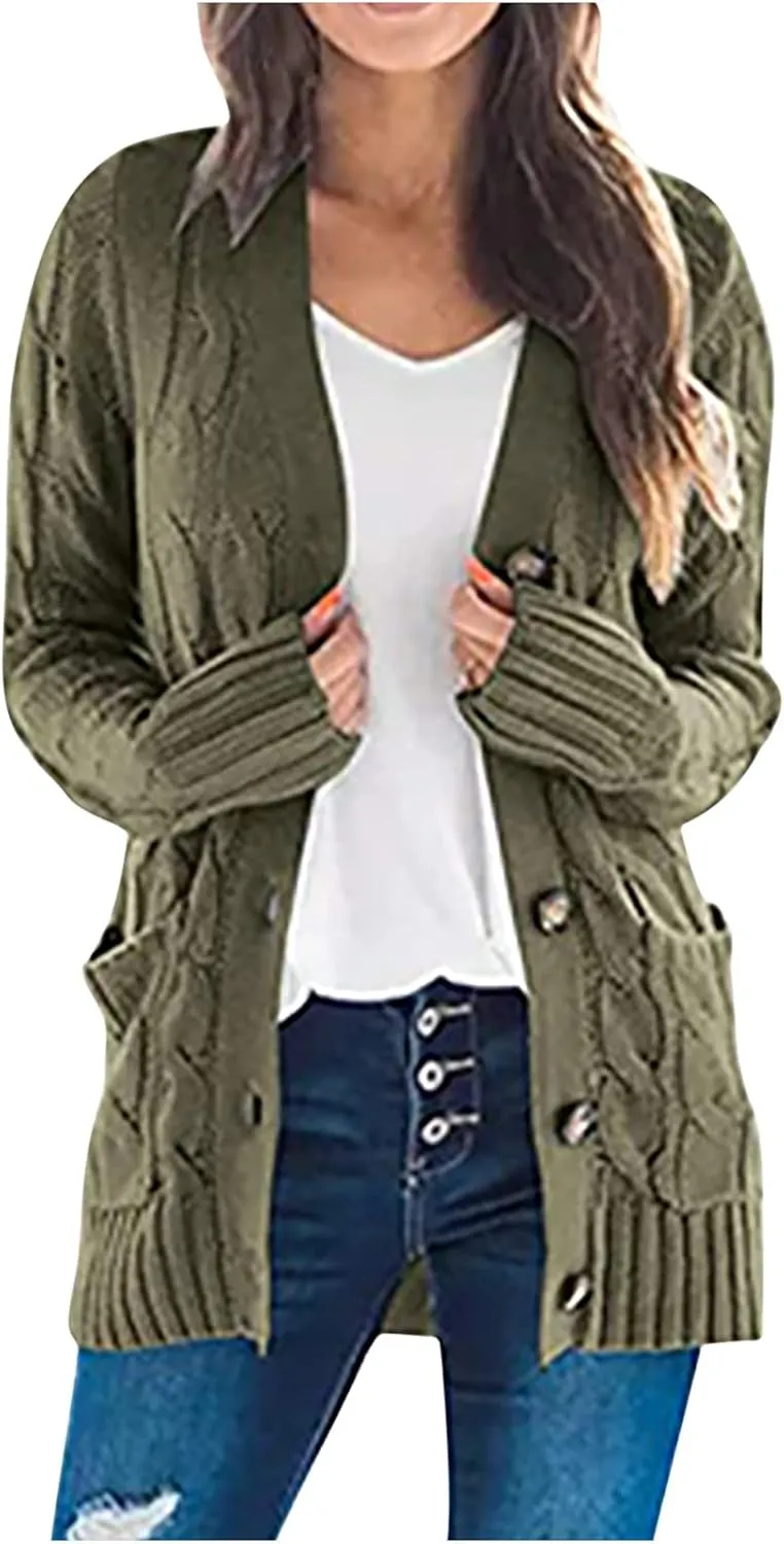 Cardigan Sweaters for Women,Button Down Cable Knit Sweater Open Front Cardigan Sweaters Fall Winter Outfits Outerwear