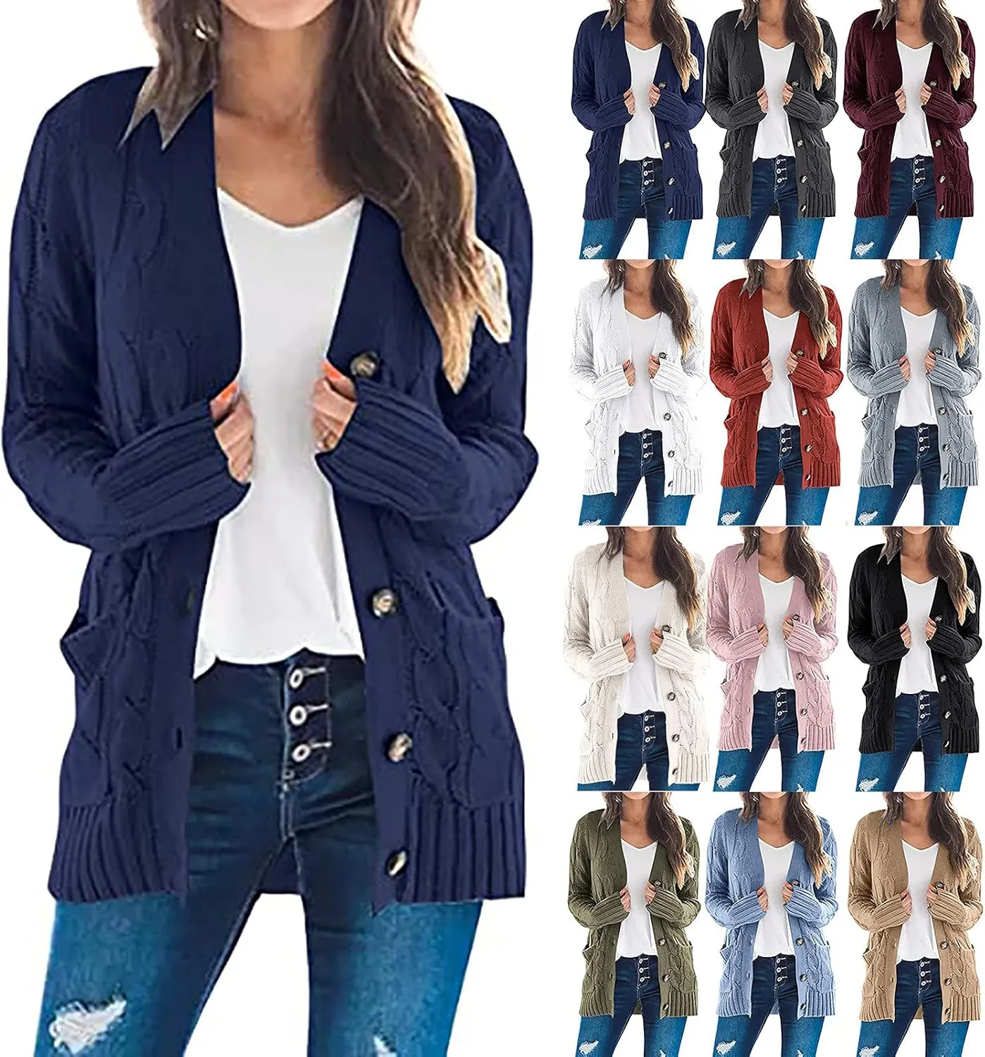 Cardigan Sweaters for Women,Button Down Cable Knit Sweater Open Front Cardigan Sweaters Fall Winter Outfits Outerwear