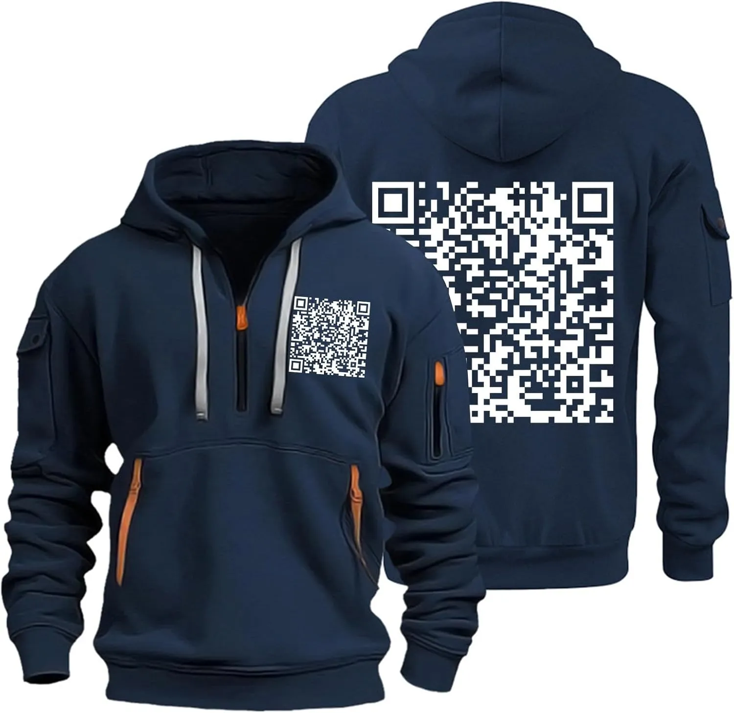 Casual Hoodies for Men Oversized Quarter Zip Pullover Tactical Hoodies QR Code Sweatshirts with Pockets
