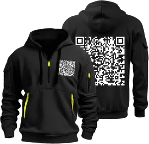 Casual Hoodies for Men Oversized Quarter Zip Pullover Tactical Hoodies QR Code Sweatshirts with Pockets