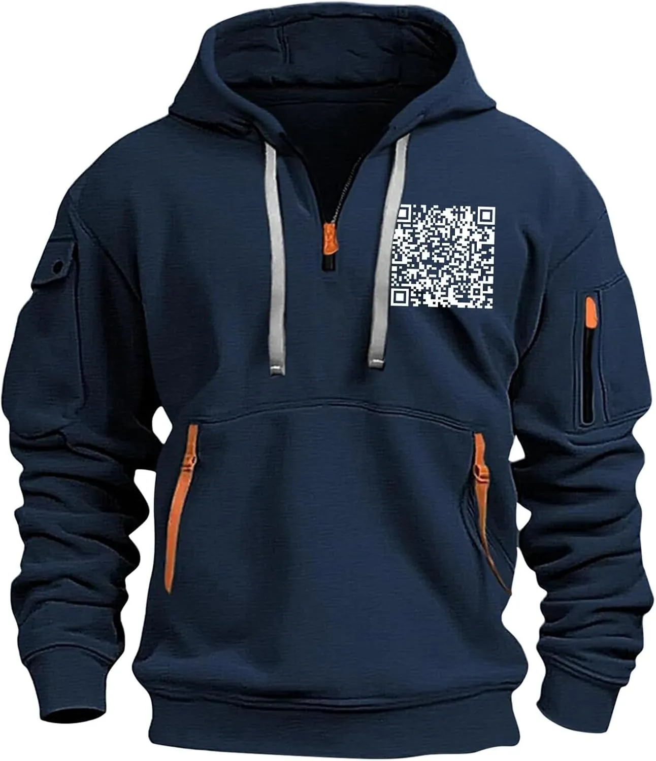 Casual Hoodies for Men Oversized Quarter Zip Pullover Tactical Hoodies QR Code Sweatshirts with Pockets
