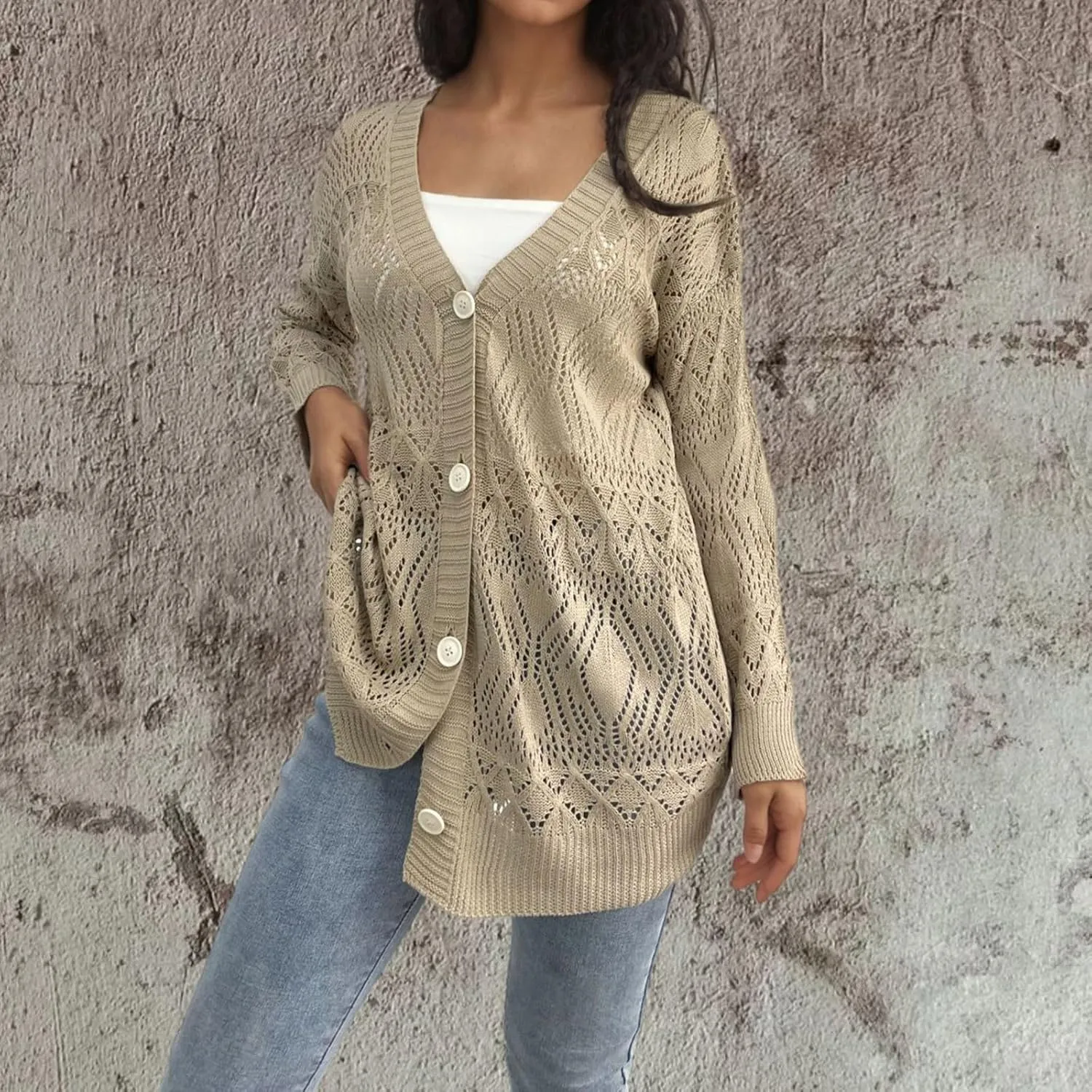 Chunky Knit Cardigans for Women Hollow Out Cardigan Sweater Women's Knitted Solid Color V-Neck Long Sleeve Coat