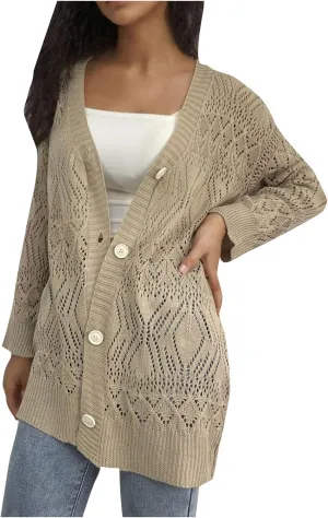 Chunky Knit Cardigans for Women Hollow Out Cardigan Sweater Women's Knitted Solid Color V-Neck Long Sleeve Coat