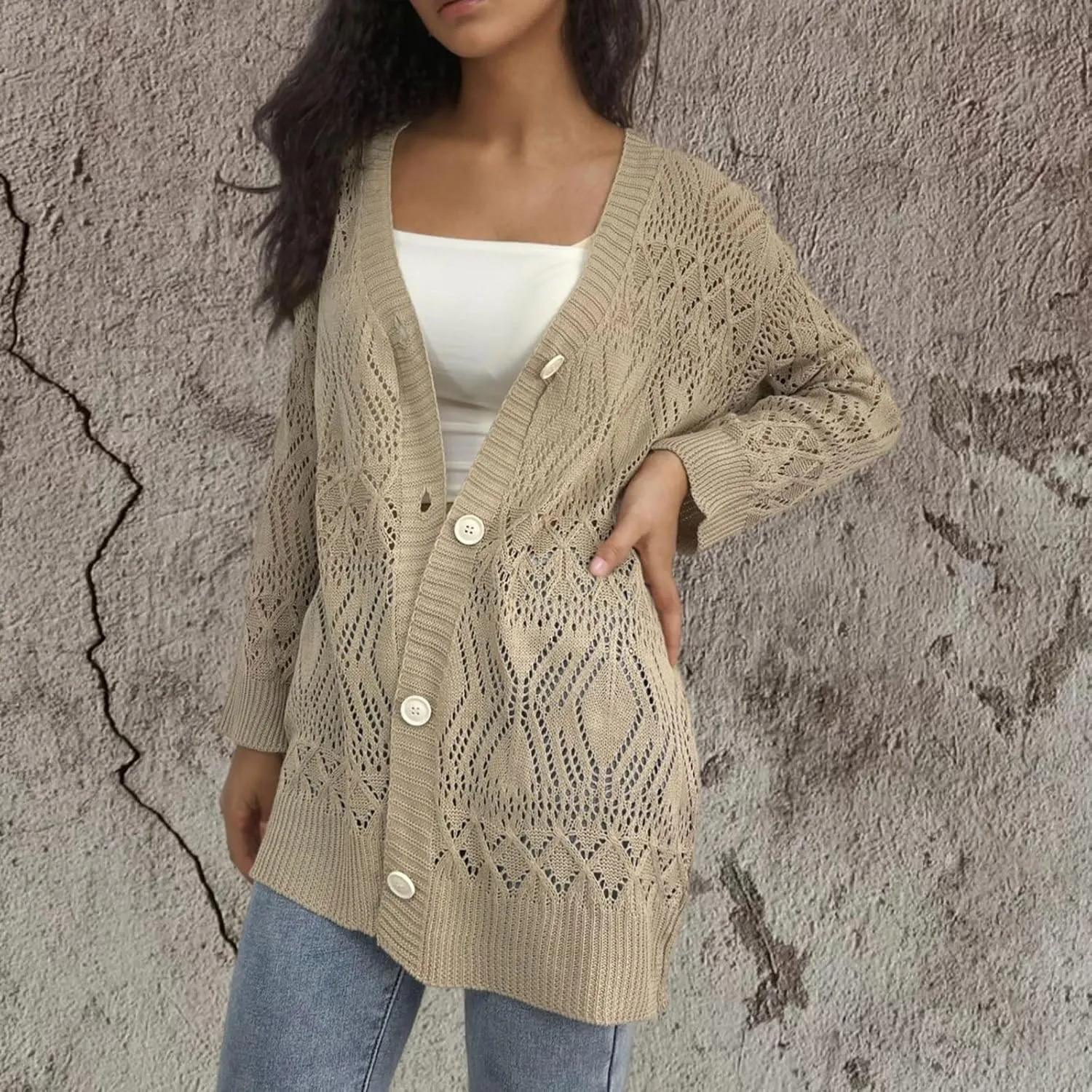 Chunky Knit Cardigans for Women Hollow Out Cardigan Sweater Women's Knitted Solid Color V-Neck Long Sleeve Coat