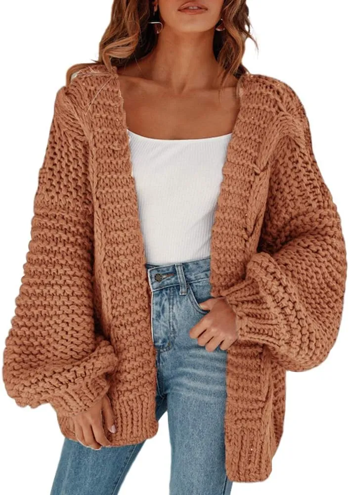 Cicy Bell Women's Open Front Chunky Knit Cardigan Loose Lantern Sleeve Oversized Sweater Coats