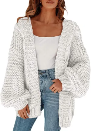 Cicy Bell Women's Open Front Chunky Knit Cardigan Loose Lantern Sleeve Oversized Sweater Coats