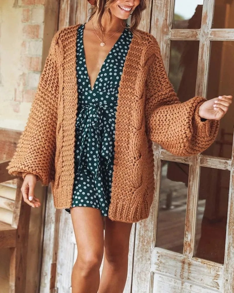 Cicy Bell Women's Open Front Chunky Knit Cardigan Loose Lantern Sleeve Oversized Sweater Coats