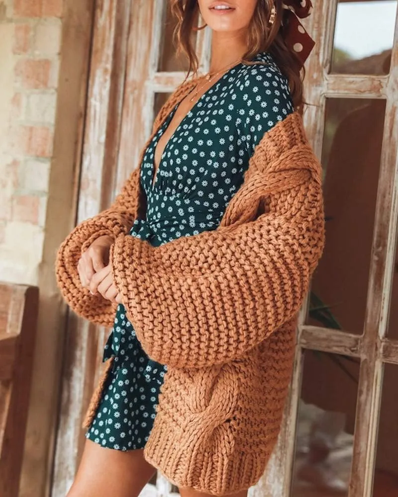 Cicy Bell Women's Open Front Chunky Knit Cardigan Loose Lantern Sleeve Oversized Sweater Coats