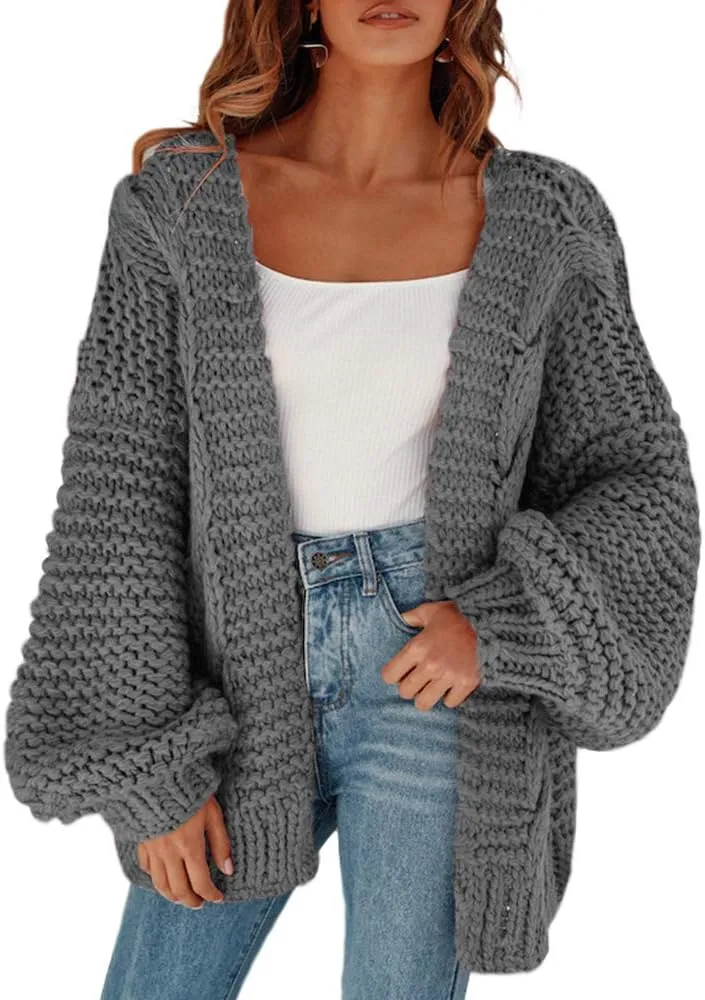 Cicy Bell Women's Open Front Chunky Knit Cardigan Loose Lantern Sleeve Oversized Sweater Coats