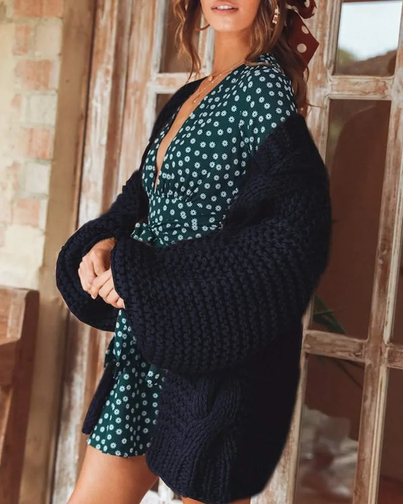 Cicy Bell Women's Open Front Chunky Knit Cardigan Loose Lantern Sleeve Oversized Sweater Coats