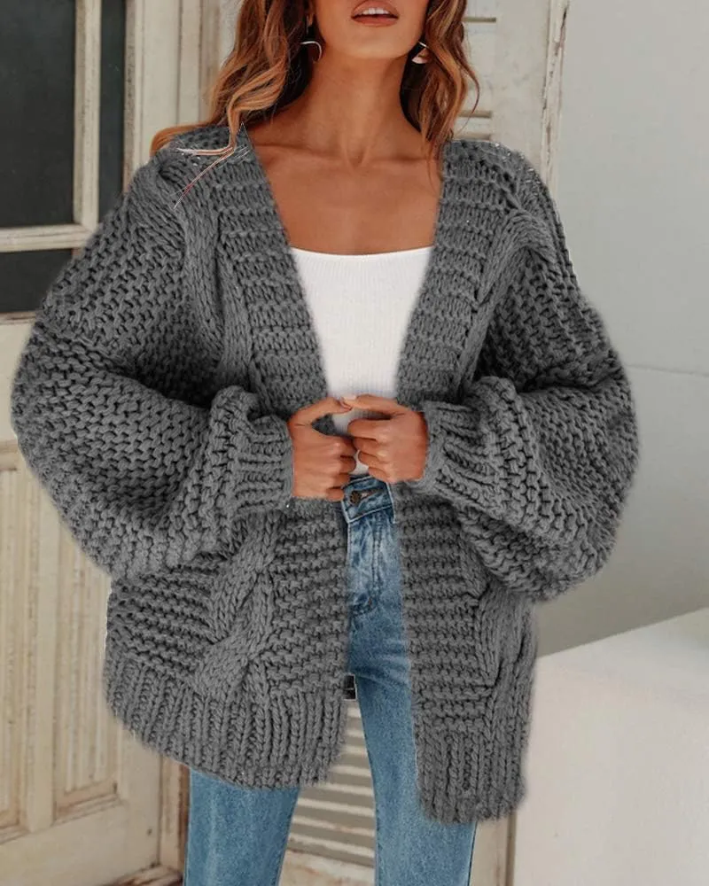 Cicy Bell Women's Open Front Chunky Knit Cardigan Loose Lantern Sleeve Oversized Sweater Coats