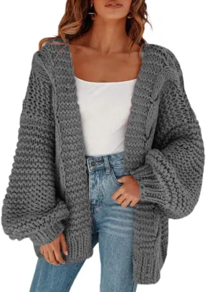 Cicy Bell Women's Open Front Chunky Knit Cardigan Loose Lantern Sleeve Oversized Sweater Coats