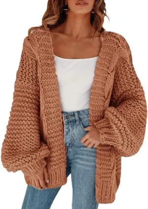 Cicy Bell Women's Open Front Chunky Knit Cardigan Loose Lantern Sleeve Oversized Sweater Coats