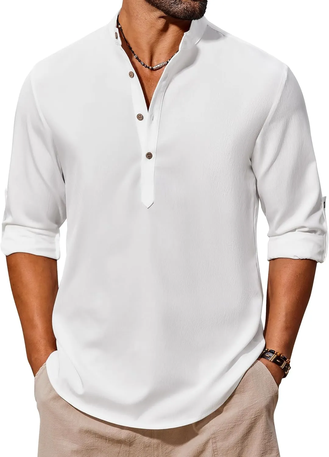 COOFANDY Men's Casual Henley Shirts Long Sleeve Band Collar Lightweight Beach Shirts Summer T-Shirts