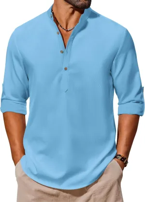 COOFANDY Men's Casual Henley Shirts Long Sleeve Band Collar Lightweight Beach Shirts Summer T-Shirts