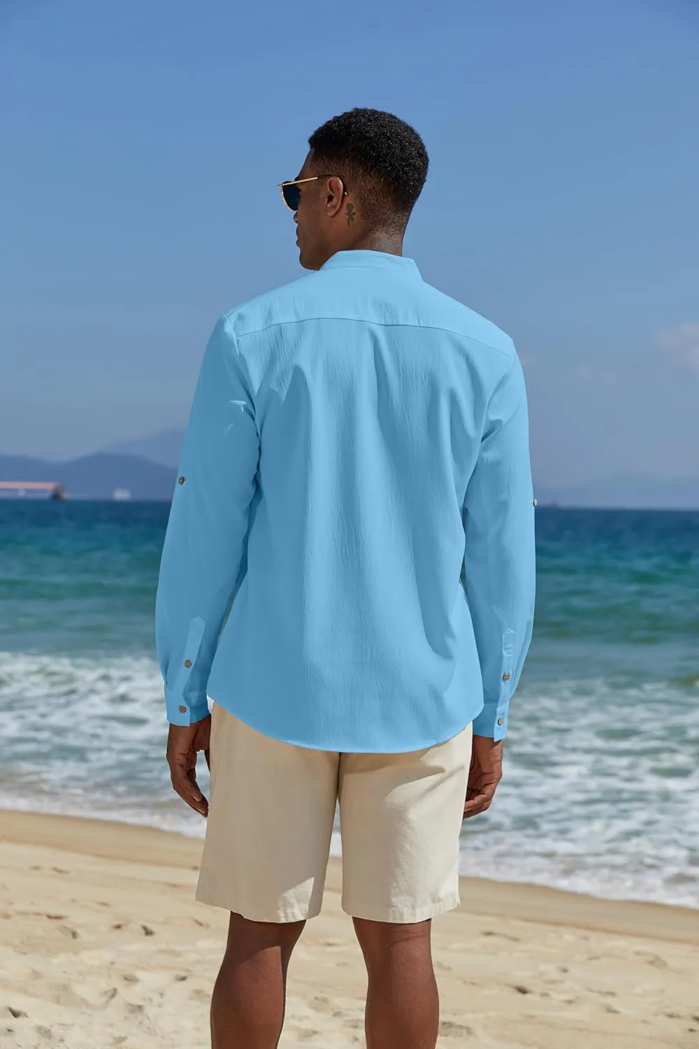 COOFANDY Men's Casual Henley Shirts Long Sleeve Band Collar Lightweight Beach Shirts Summer T-Shirts