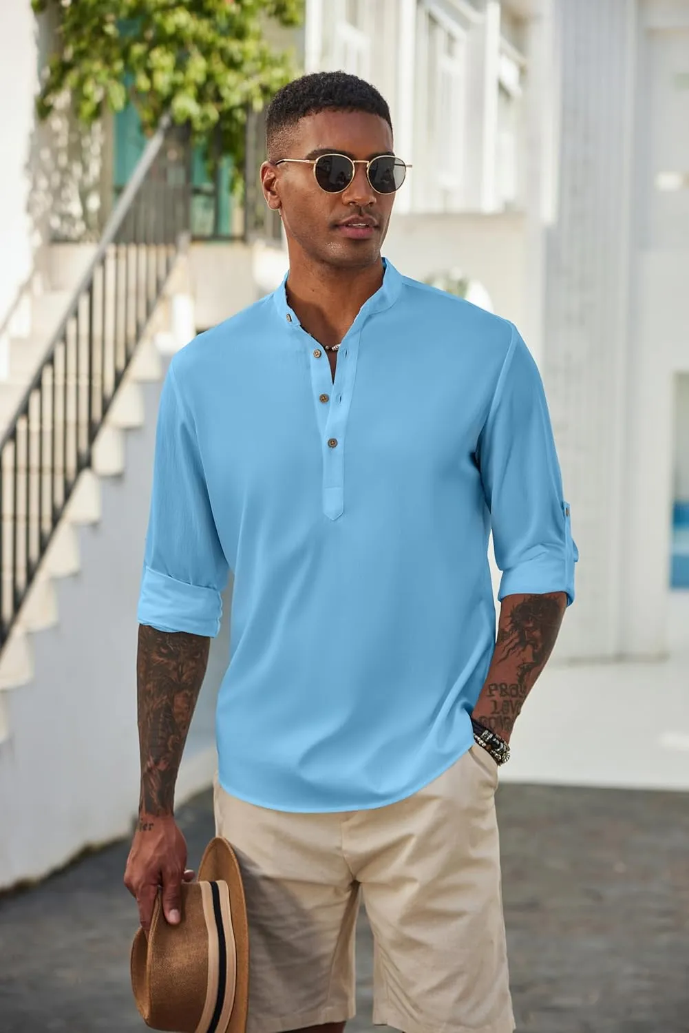 COOFANDY Men's Casual Henley Shirts Long Sleeve Band Collar Lightweight Beach Shirts Summer T-Shirts