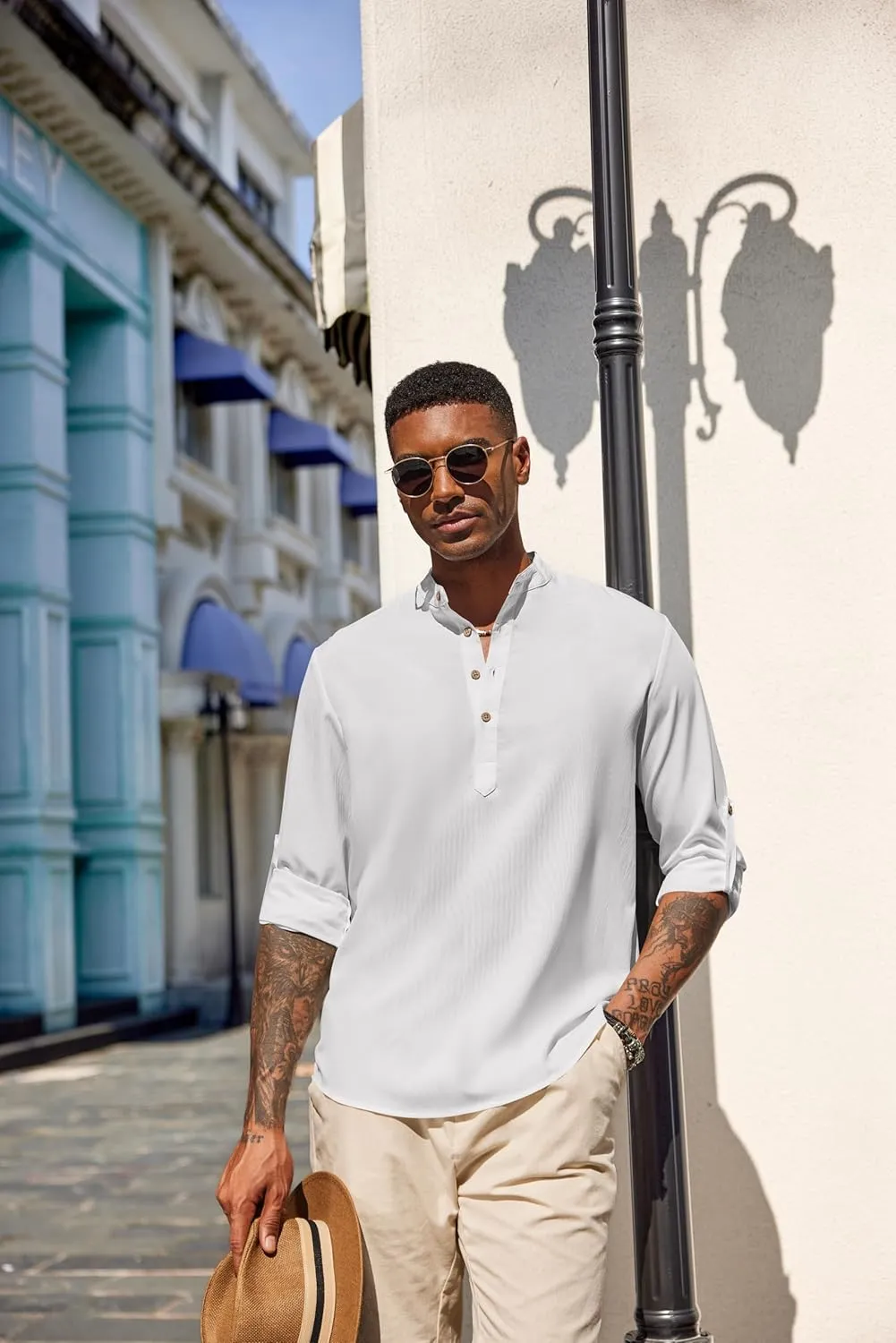 COOFANDY Men's Casual Henley Shirts Long Sleeve Band Collar Lightweight Beach Shirts Summer T-Shirts
