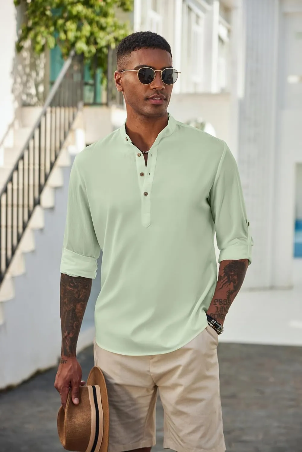 COOFANDY Men's Casual Henley Shirts Long Sleeve Band Collar Lightweight Beach Shirts Summer T-Shirts
