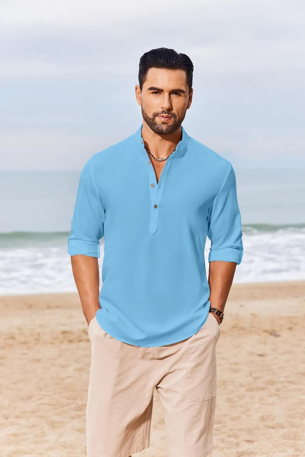 COOFANDY Men's Casual Henley Shirts Long Sleeve Band Collar Lightweight Beach Shirts Summer T-Shirts