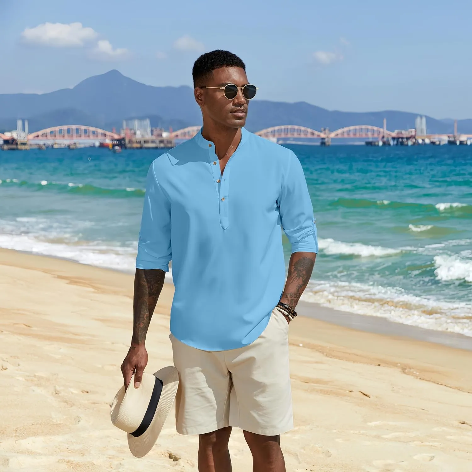 COOFANDY Men's Casual Henley Shirts Long Sleeve Band Collar Lightweight Beach Shirts Summer T-Shirts