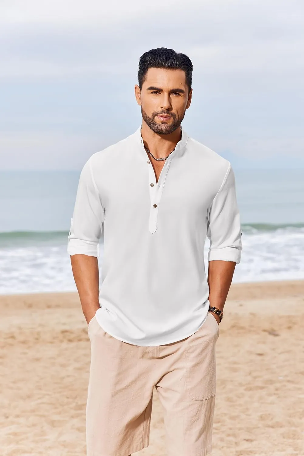 COOFANDY Men's Casual Henley Shirts Long Sleeve Band Collar Lightweight Beach Shirts Summer T-Shirts