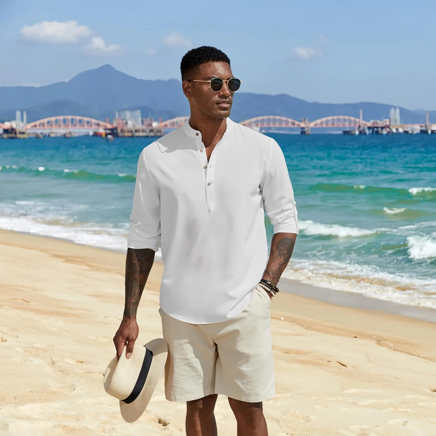 COOFANDY Men's Casual Henley Shirts Long Sleeve Band Collar Lightweight Beach Shirts Summer T-Shirts