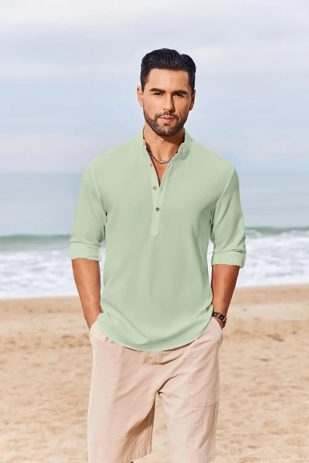 COOFANDY Men's Casual Henley Shirts Long Sleeve Band Collar Lightweight Beach Shirts Summer T-Shirts