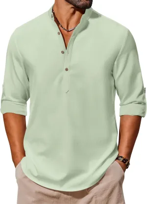 COOFANDY Men's Casual Henley Shirts Long Sleeve Band Collar Lightweight Beach Shirts Summer T-Shirts