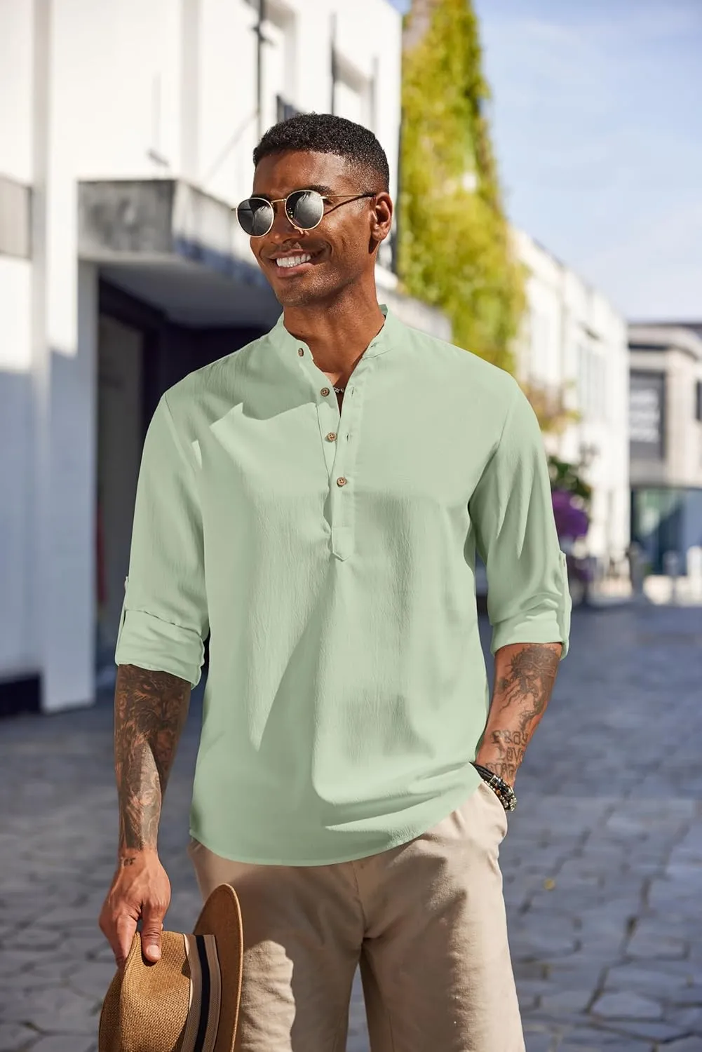 COOFANDY Men's Casual Henley Shirts Long Sleeve Band Collar Lightweight Beach Shirts Summer T-Shirts