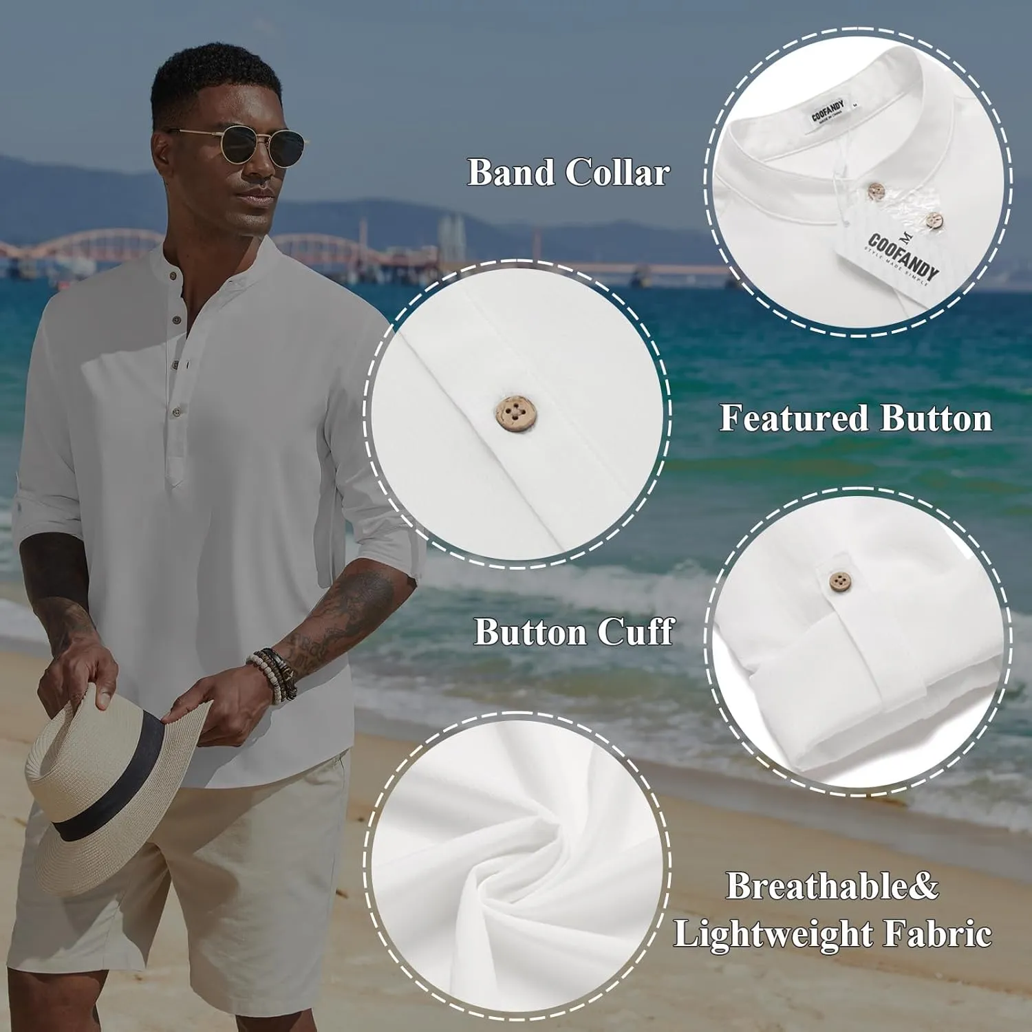 COOFANDY Men's Casual Henley Shirts Long Sleeve Band Collar Lightweight Beach Shirts Summer T-Shirts
