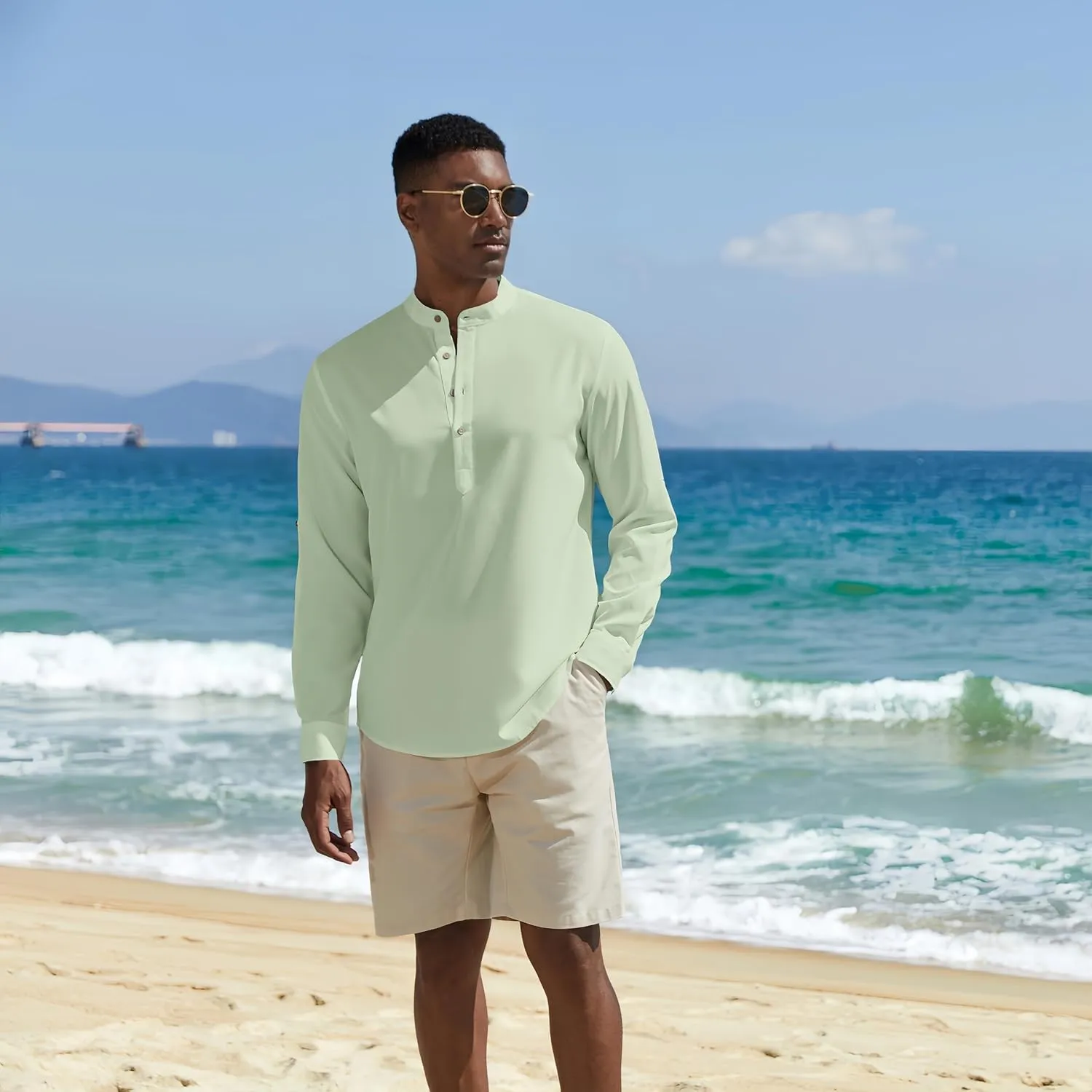 COOFANDY Men's Casual Henley Shirts Long Sleeve Band Collar Lightweight Beach Shirts Summer T-Shirts