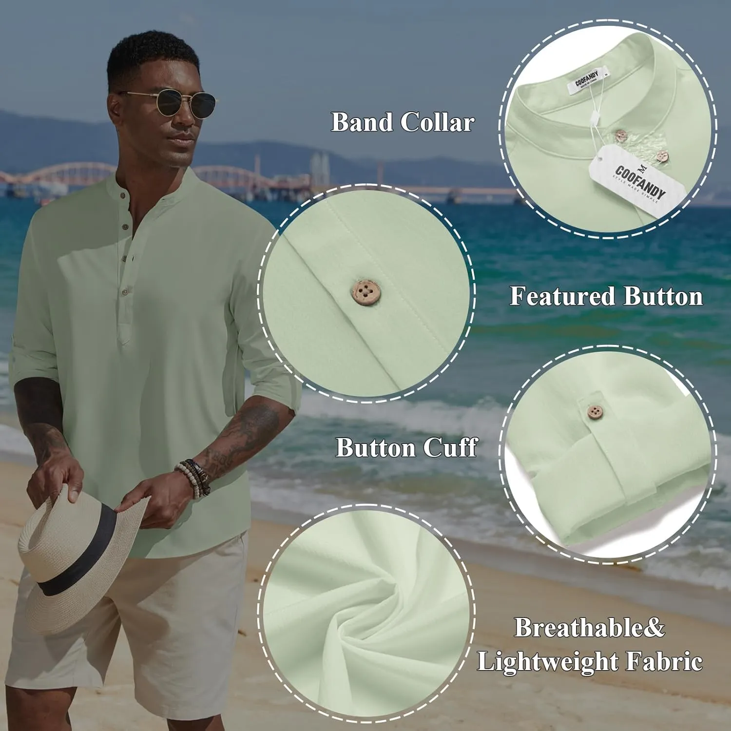 COOFANDY Men's Casual Henley Shirts Long Sleeve Band Collar Lightweight Beach Shirts Summer T-Shirts