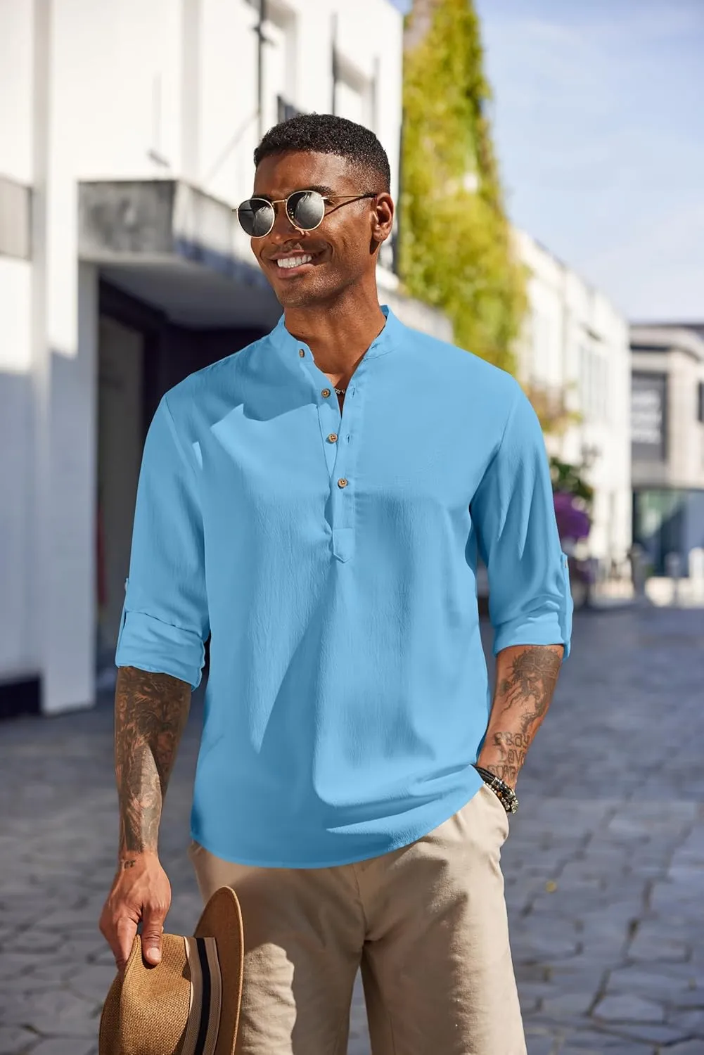 COOFANDY Men's Casual Henley Shirts Long Sleeve Band Collar Lightweight Beach Shirts Summer T-Shirts