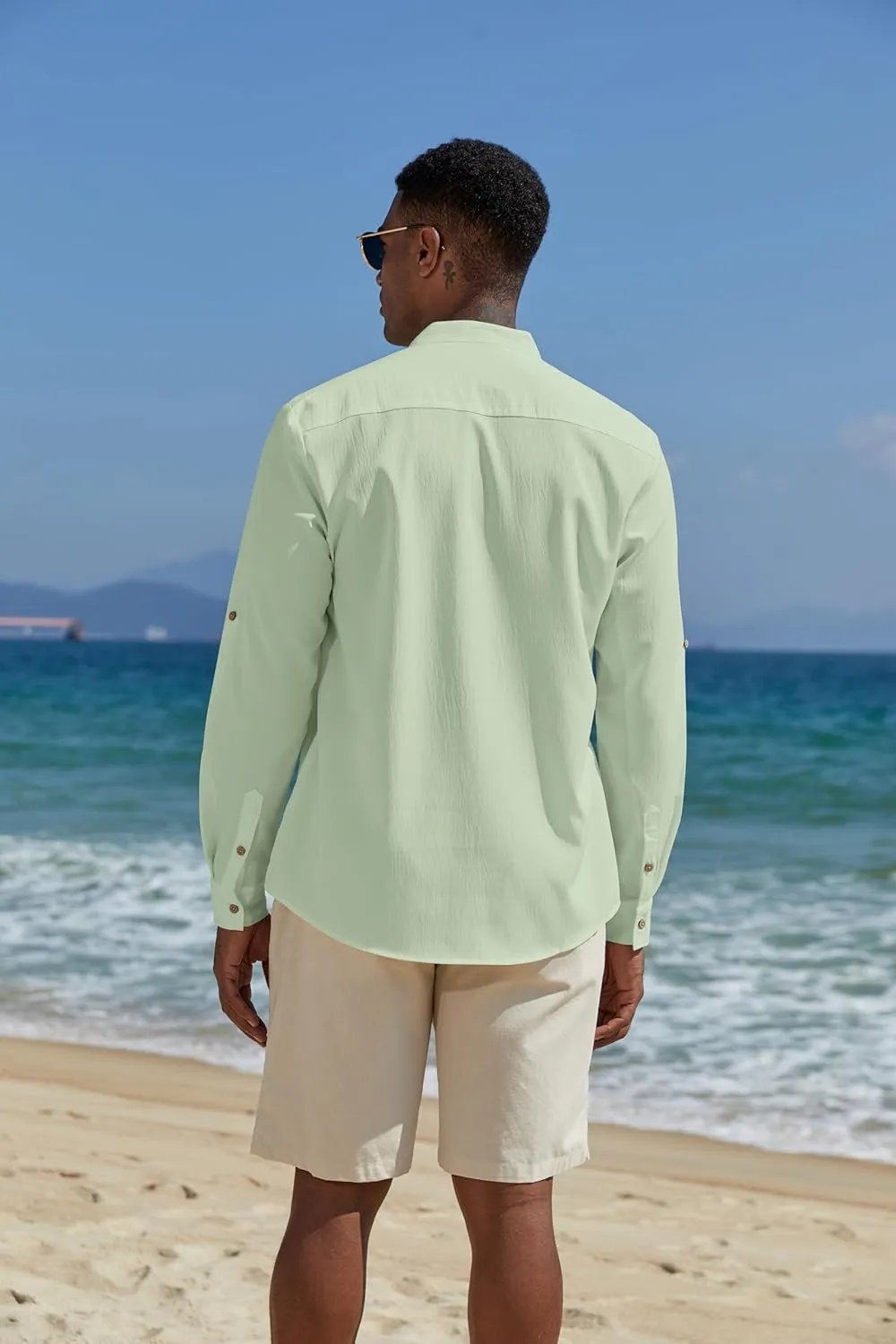 COOFANDY Men's Casual Henley Shirts Long Sleeve Band Collar Lightweight Beach Shirts Summer T-Shirts