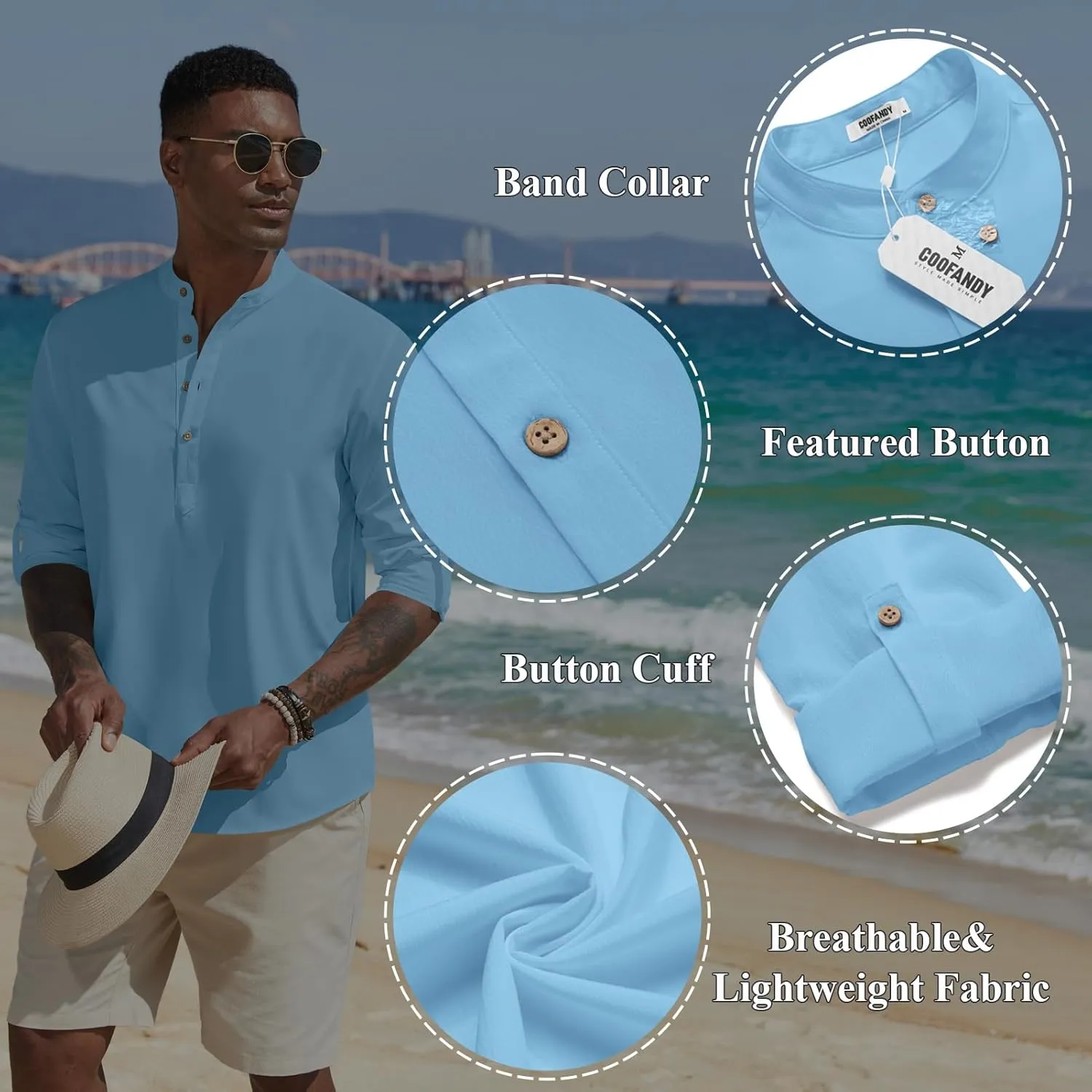 COOFANDY Men's Casual Henley Shirts Long Sleeve Band Collar Lightweight Beach Shirts Summer T-Shirts