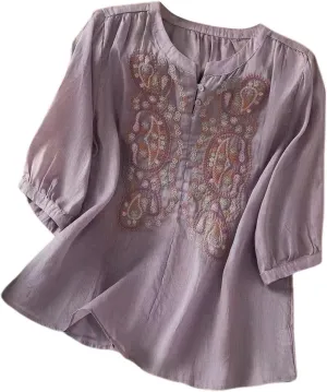 Cotton Linen Shirt for Women Short Sleeve Crew Neck Buttons Casual Boho Tops Summer Loose Fashion Embroidered Blouse