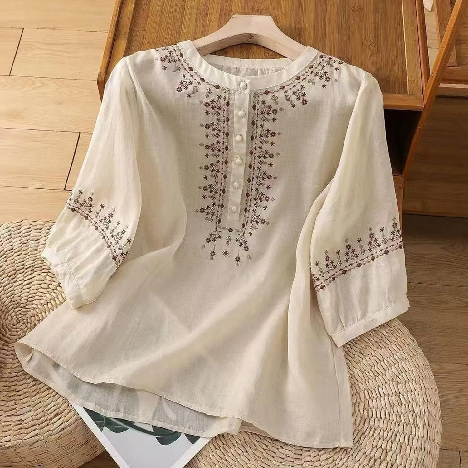 Cotton Linen Shirt for Women Short Sleeve Crew Neck Buttons Casual Boho Tops Summer Loose Fashion Embroidered Blouse