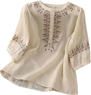 Cotton Linen Shirt for Women Short Sleeve Crew Neck Buttons Casual Boho Tops Summer Loose Fashion Embroidered Blouse