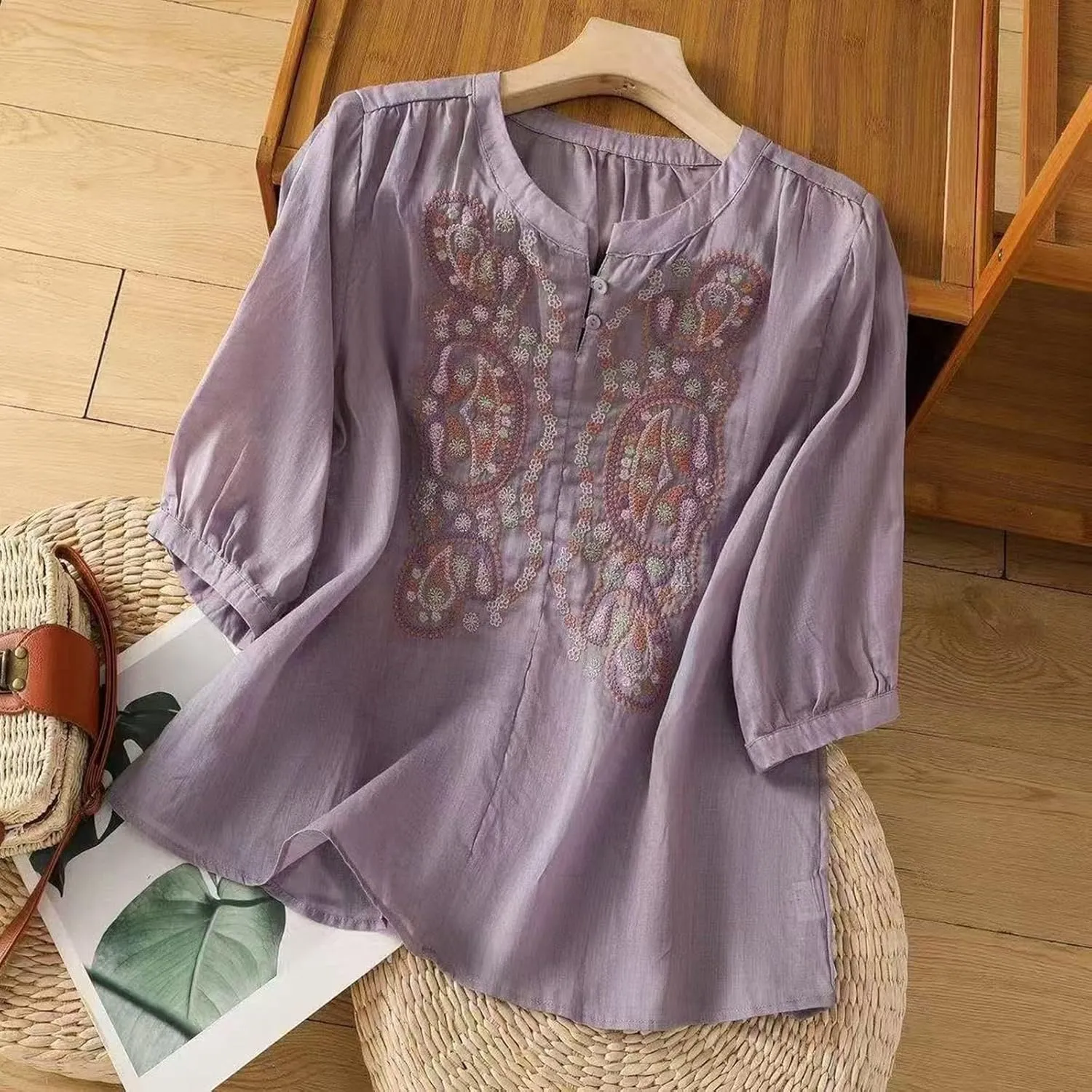 Cotton Linen Shirt for Women Short Sleeve Crew Neck Buttons Casual Boho Tops Summer Loose Fashion Embroidered Blouse
