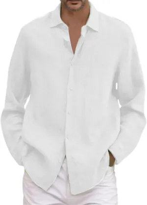 Cotton Linen Shirts for Men Long Sleeve Button Down Shirts Summer Beach Shirts Loose Fit Casual Shirts Vacation Tops