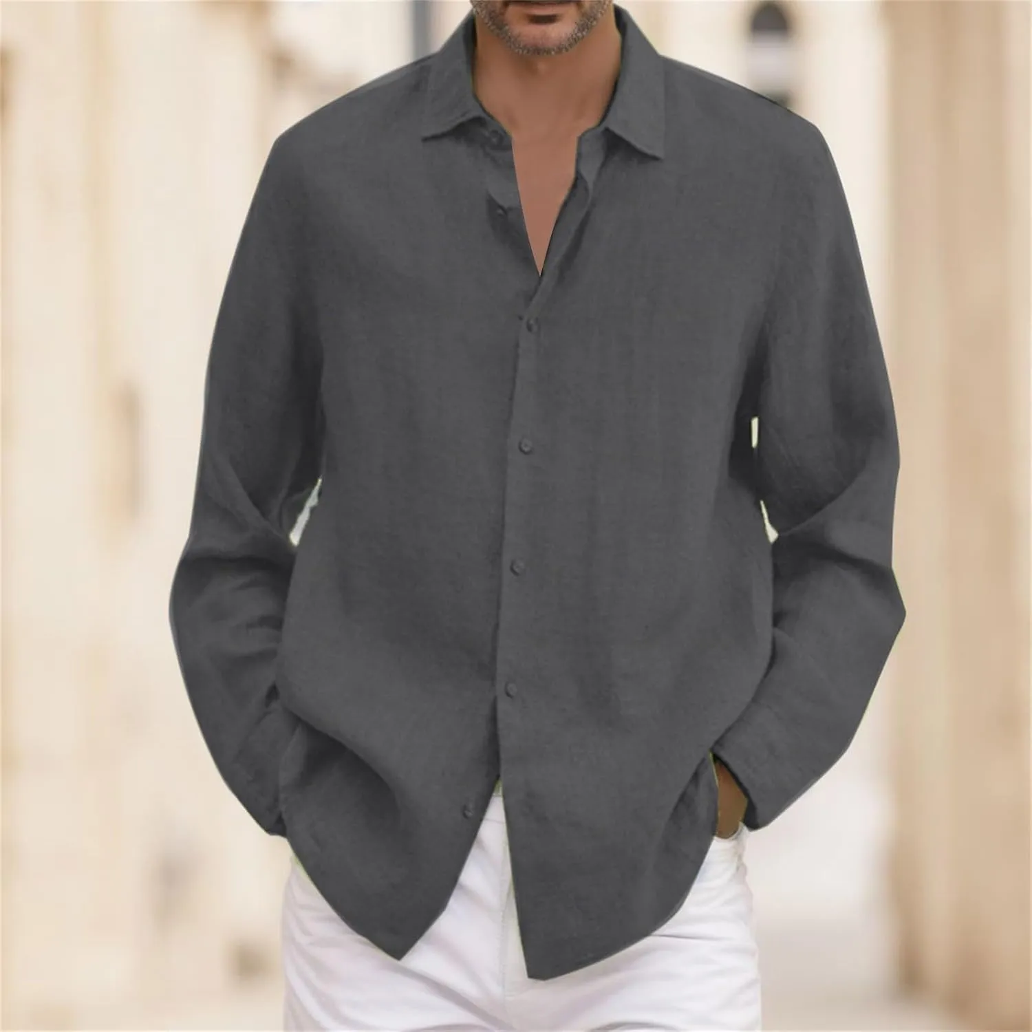 Cotton Linen Shirts for Men Long Sleeve Button Down Shirts Summer Beach Shirts Loose Fit Casual Shirts Vacation Tops