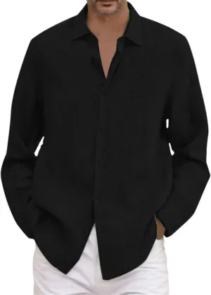 Cotton Linen Shirts for Men Long Sleeve Button Down Shirts Summer Beach Shirts Loose Fit Casual Shirts Vacation Tops